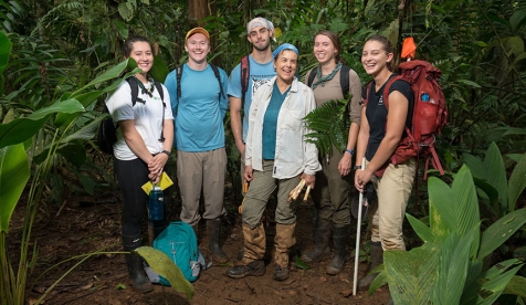 Occidental College students with their professor conducting research in a jungle in Costa Rica