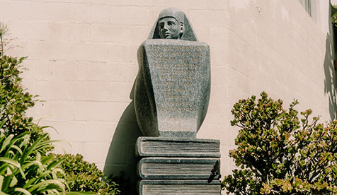 a modern statue titled "The Sphinx," located in the central courtyard of The Philosophical Research Society in Los Angeles
