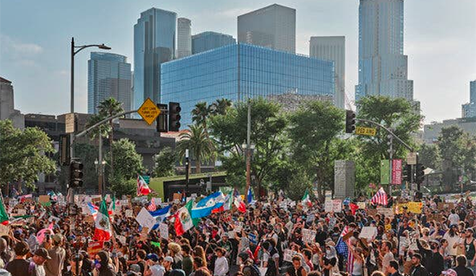 Protestors at City Hall in downtown Los Angeles 