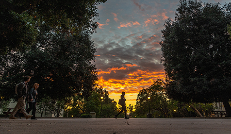silhouette of a student walking across the Occidental College quad during sunset
