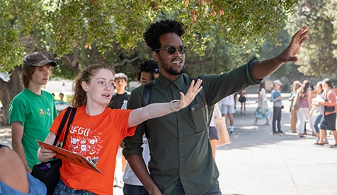 Occidental student and faculty member on the quad