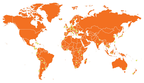 a map of the world showing where Oxy students study abroad
