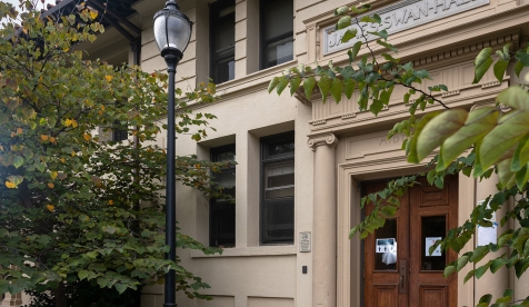 A view of the front of Swan Hall on the Occidental College campus