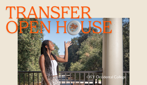 Transfer Open House 2027 Logo student throwing frisbee with Occidental College logo