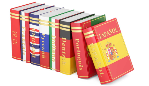 Language books arranged in a row
