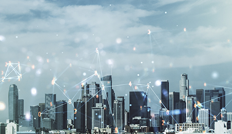 Abstract virtual wireless technology hologram on Los Angeles skyline background