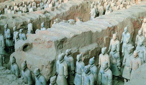 ongoing excavation of the Terracotta Army, a vast collection of life-sized clay soldiers, horses, and chariots