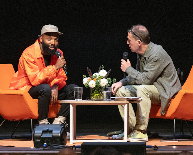 Tavares Strachan and Paul Holdengraber on stage at an Oxy Arts Oxy Live event Sept 2024