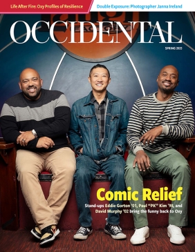 The cover of the Spring 2025 issue of Occidental Magazine showing three alumni comics sitting together on a couch