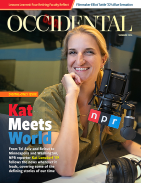 Issue cover for Occidental Magazine featuring a blonde alumna journalist, Kat