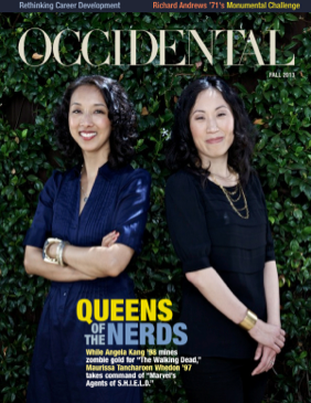 Two women stand smiling. Cover story: Queens of the Nerds