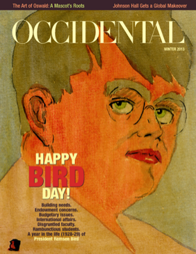 An illustrated portrait. Cover story: Happy Bird Day!