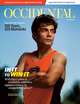 A track and field athlete stands in an Oxy jersey. Cover sto