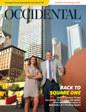 A man and woman stand in Pershing Square in Downtown Los Ang