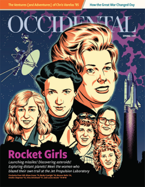 An illustration of female scientists flanked by a satellite 