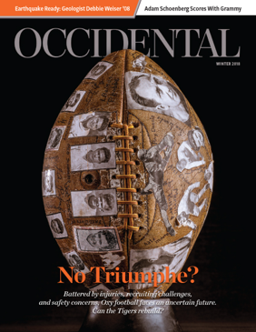 A football covered with old player photos. Cover story: No T