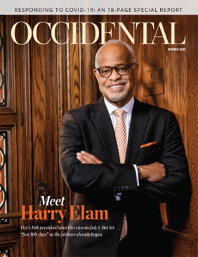 Occidental's new president Harry Elam stands sporting an Oxy