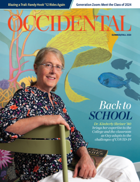 A woman sits in front of a colorful mural. Cover story: Back