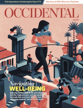 An illustration of a woman tightrope-walking above an Escher-like depiction of Oxy's campus. Cover story: Navigating well-being