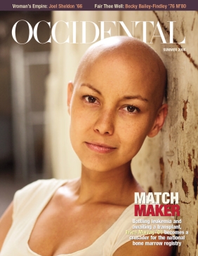 A woman with no hair leans against a wall. Cover story: Matc