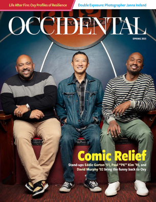 The cover of the Spring 2025 issue of Occidental Magazine showing three alumni comics sitting together on a couch