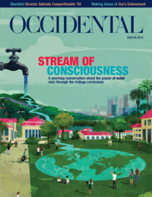 An illustration of a spigot pouring water onto Oxy's campus 