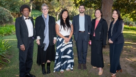 (l to r) Profs. Arthur Saint-Aubin, Mary Beth Heffernan, Diana Ngo, Ross Lerner, Anne Yu, Mary Christianakis