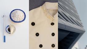 Image grid with three photographs of artwork. Far left is ceramic, center is a garment and far right is a photograph of a building. 