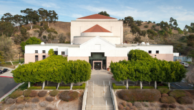 View of Keck Theater at Occidental College from a raised lift