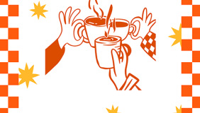 three cartoon hands clinking coffee glasses together