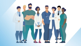 a cartoon illustration of a group of allied health professionals