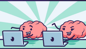an illustration of two cartoon brains looking at laptops side by side