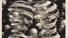 This is M.C. Escher's "Bond of Union" (1956) — a lithograph showing two profile heads, male and right, female left, formed from continuous spiraling ribbons
