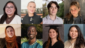 Eight stacked headshots of Occidental College graduating seniors