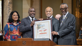 President Harry J. Elam, Jr. is recognized by members of the Los Angeles City Council