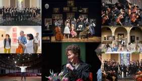 a collage of images of arts events taking place at Occidental College this semester