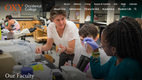 a screenshot of the Faculty page on oxy.edu featuring Shana Goffredi teaching in a classroom