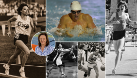 2026 Occidental Athletics Hall of Fame inductees Michele Trimble de Boucaud ’89, Steven Van Deventer ’15, Tom Colley ’78, Doug McAdam ’73, Anna Celaya ’99, and Lynn Mehl (inset).