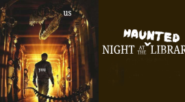 "Haunted Night at the Library" with a man walking through a dark library