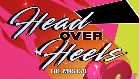 Head Over Heels text over a neon background and a hand holding a heart