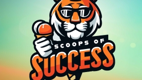 llustration of a tiger wearing sunglasses and holding an ice cream cone, with bold text reading 'Scoops of Success' in orange and black against a soft gradient background.