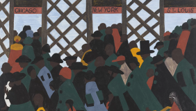 a painting showing Black migrants at a train station traveling to major northern cities 