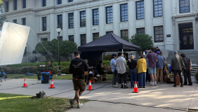 Film crew and others preparing for Liberty Mutual commercial shoot at Occidental