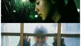 diptych with top image of woman looking down while rain pours on window, bottom image of woman smiling through a window 