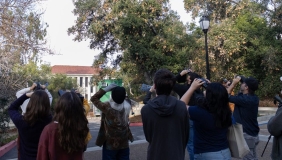 bird watchers stand in a group at Sycamore Glen.