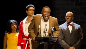 A performance of Fetch Clay, Make Man featuring four Black actors onstage