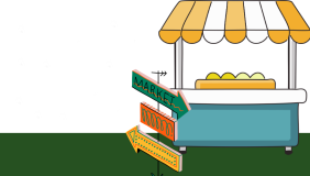 a night market stall with colorful signs pointing around it