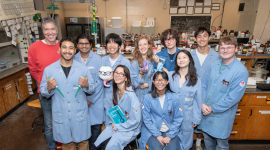 Back row, from left: Occidental Chemistry Department Professor Michael G. Hill, with students Hugo Alvarez '27, Neel Rangan '29, Damien Chow '28, Skylar Cottell '28, Jackson Birchler '29, Ayden Rieke-Wey '28 and Parker Glynn '27. Front row, from left: students Ava Navales '28, Michelle (Mimi) Chen '26 and Cinya Xu '29. 