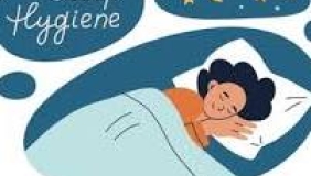A cartoon illustration of a person peacefully sleeping in bed under a blanket, with thought bubbles above showing the words "Sleep Hygiene" and an image of the moon and stars, symbolizing restful sleep.