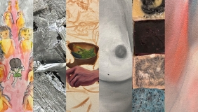 Collage of 6 artists works, all varying in colors and medium. 